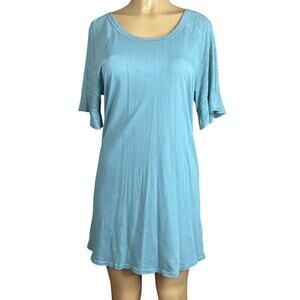LA Made Flounce Sleeve Tee Shirt Dress Open Back Tie Neck Aqua Blue Size Small
